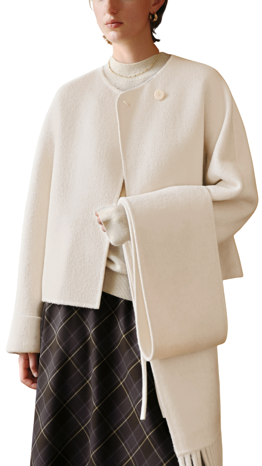 Light Beige Wool Cropped Jacket w/ Fringe Scarf