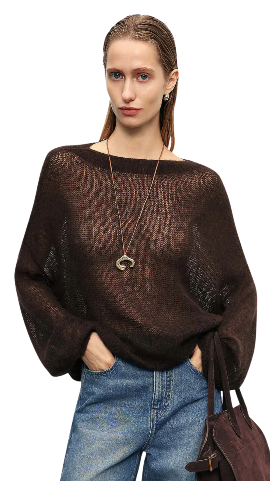 Cocoa Brown Cashmere-Silk Relaxed Pullover Sweater