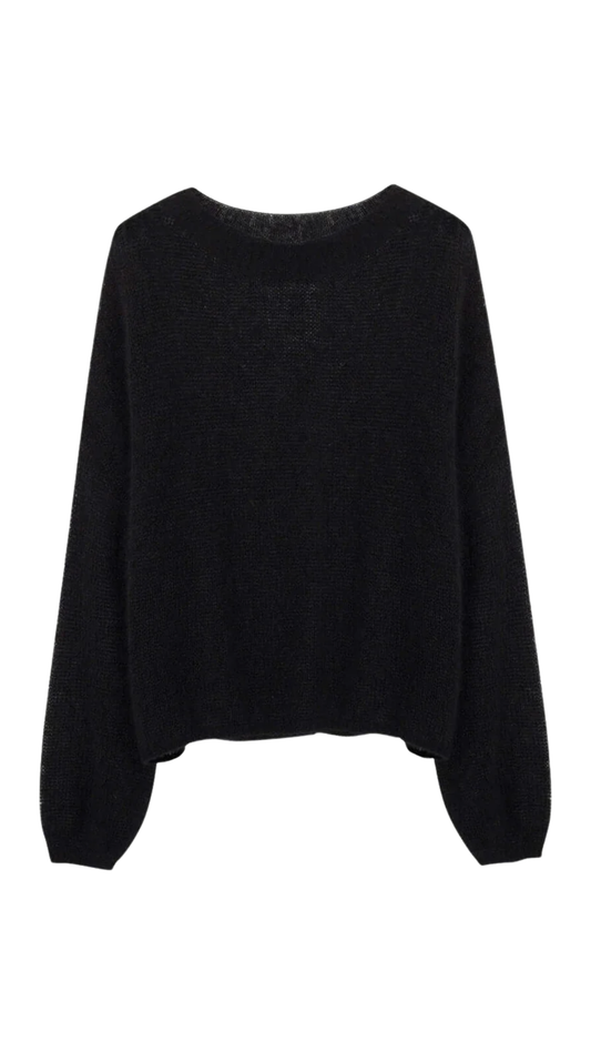 Black Cashmere-Silk Relaxed Pullover Sweater