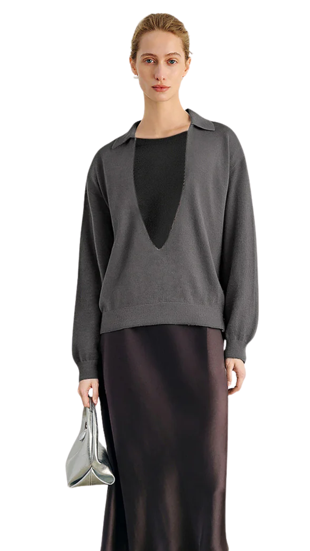 Rock Gray Deep V Knit Top