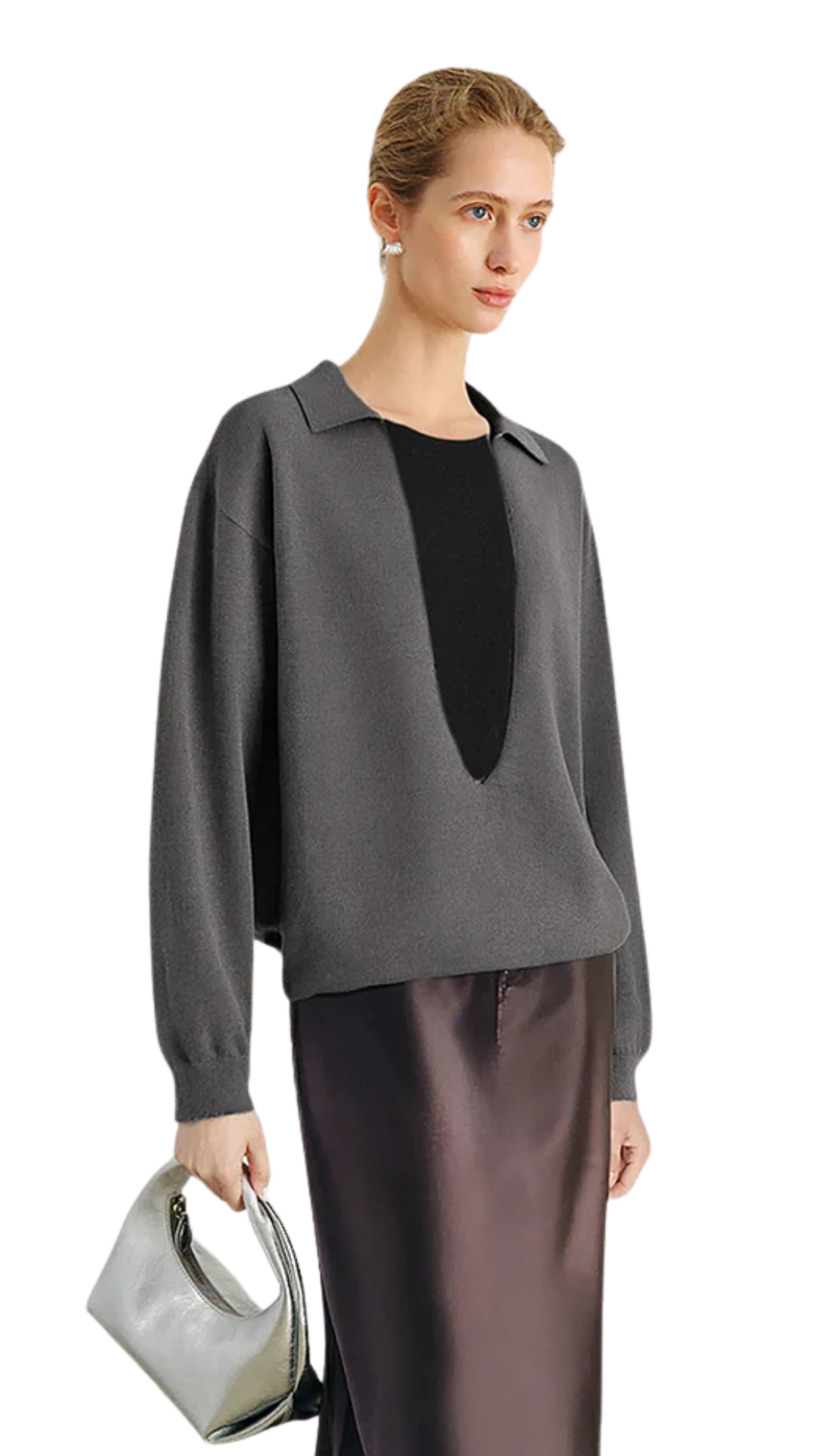 Rock Gray Deep V Knit Top