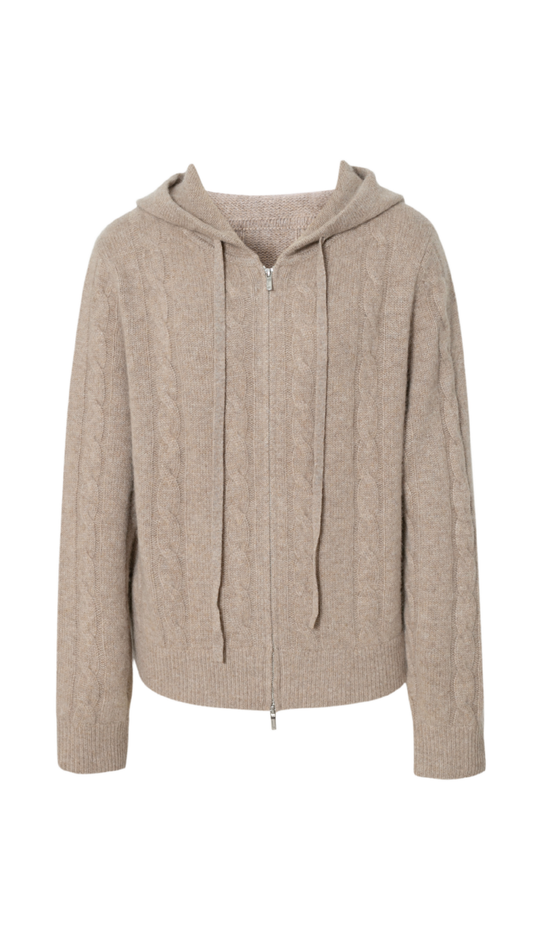 Raw Velvet Brown Cable-Knit Zip-Up Hoodie