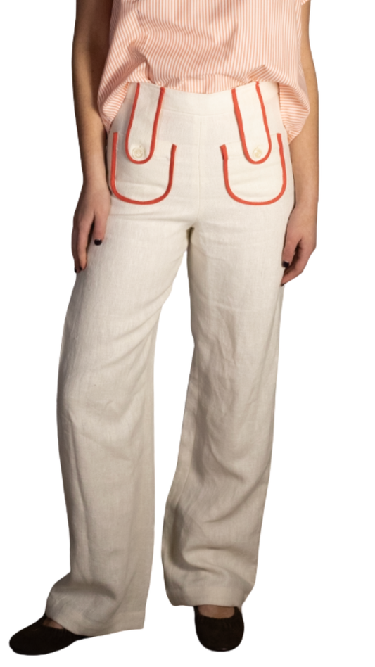 Tezza Tab Pants Ivory Linen w/ Orange Trim