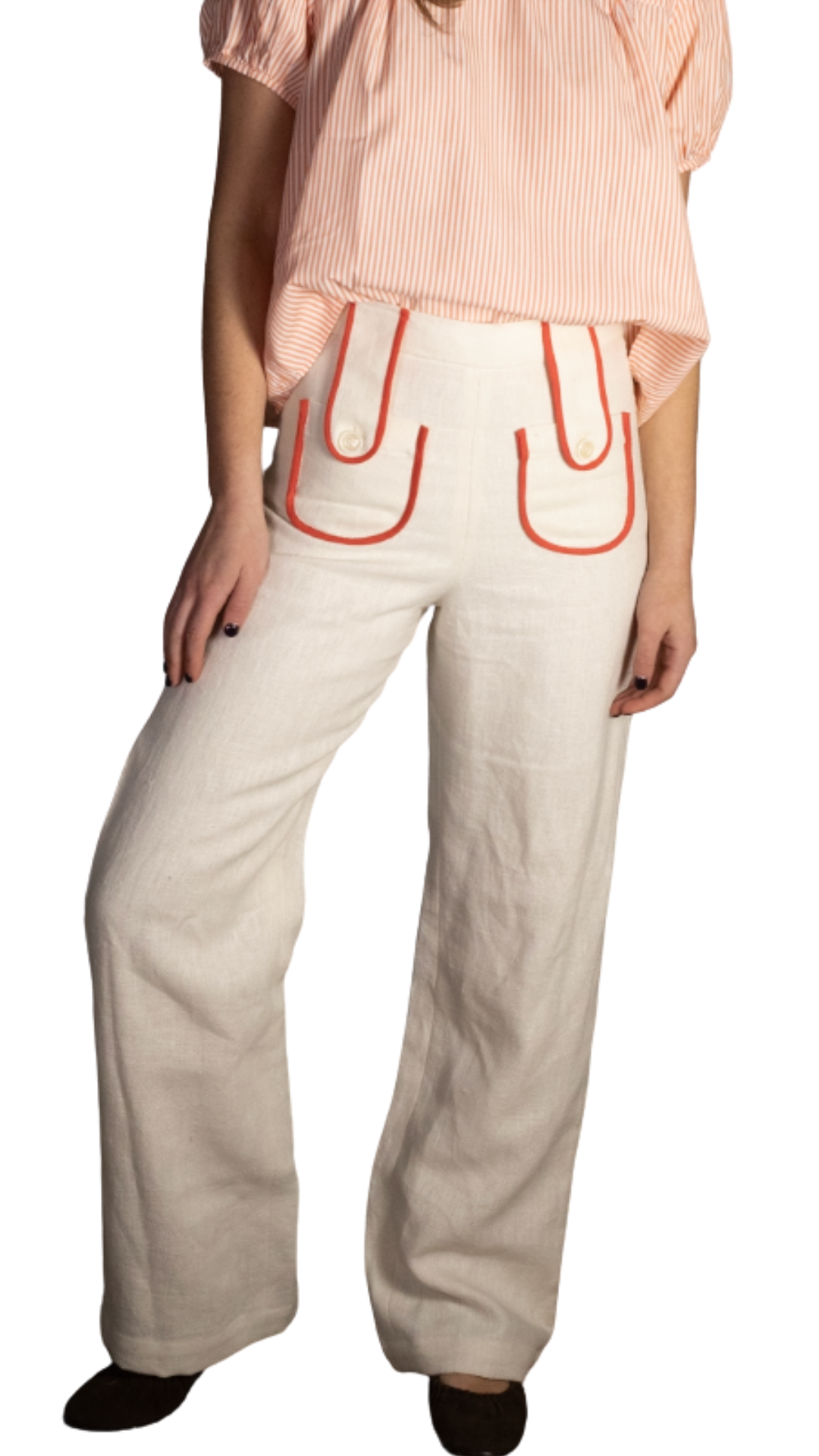 Tezza Tab Pants Ivory Linen w/ Orange Trim