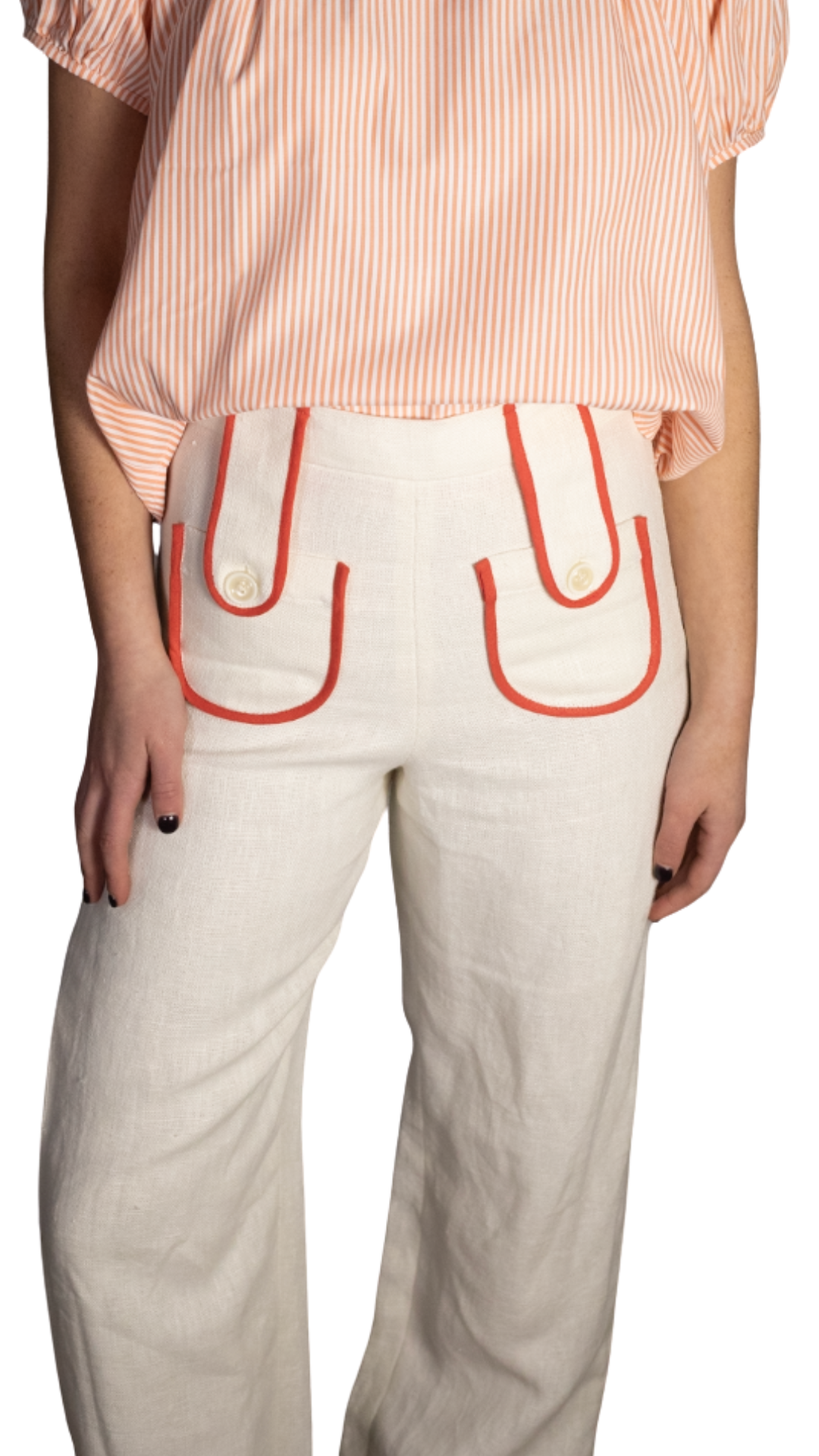Tezza Tab Pants Ivory Linen w/ Orange Trim