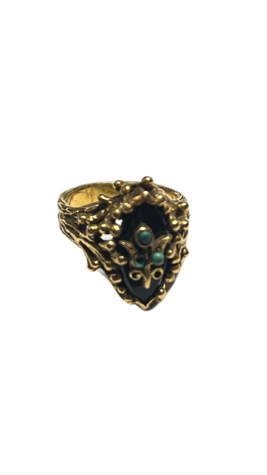 Gold Coral Ring w Onyx & Turq