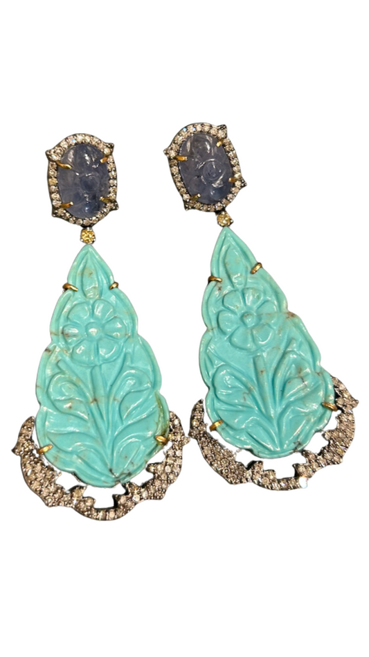 Carved Turquoise, labradorite & diamond earrings