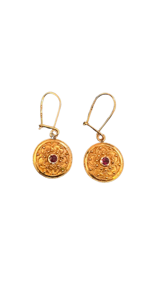 Pink Sapphire Gold Disk Earrings