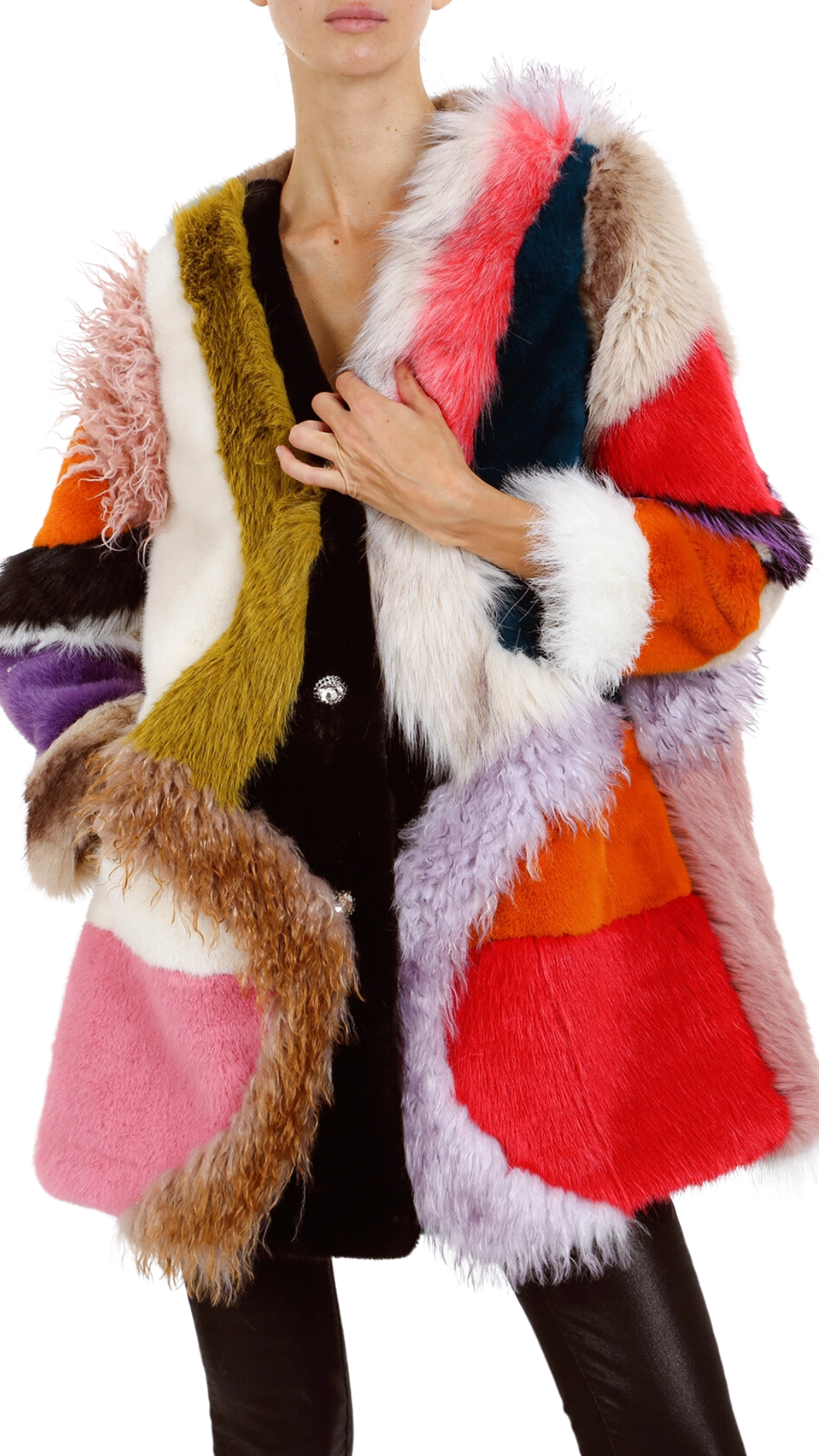 Multi Patchwork Colorblock Faux Fur Coat