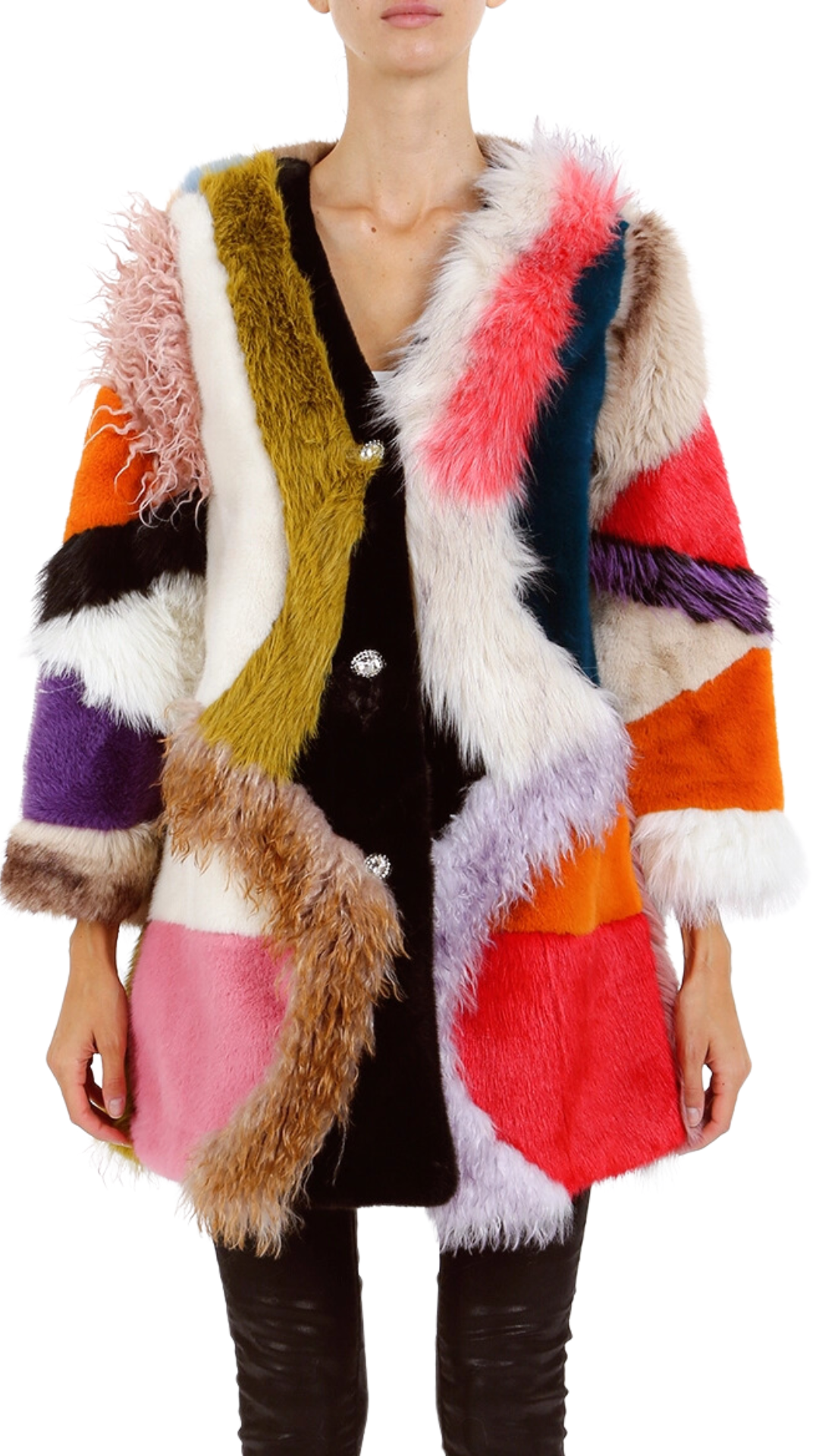 Multi Patchwork Colorblock Faux Fur Coat