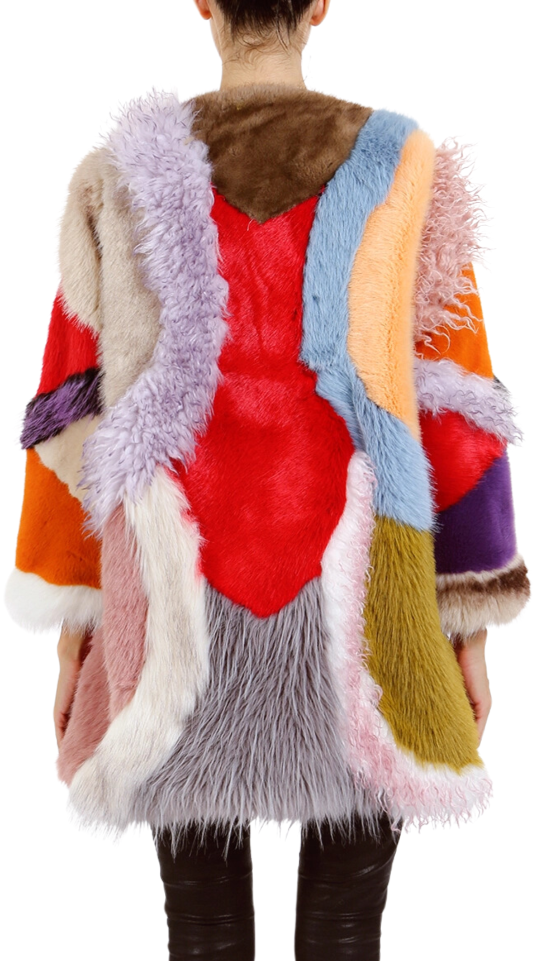 Multi Patchwork Colorblock Faux Fur Coat