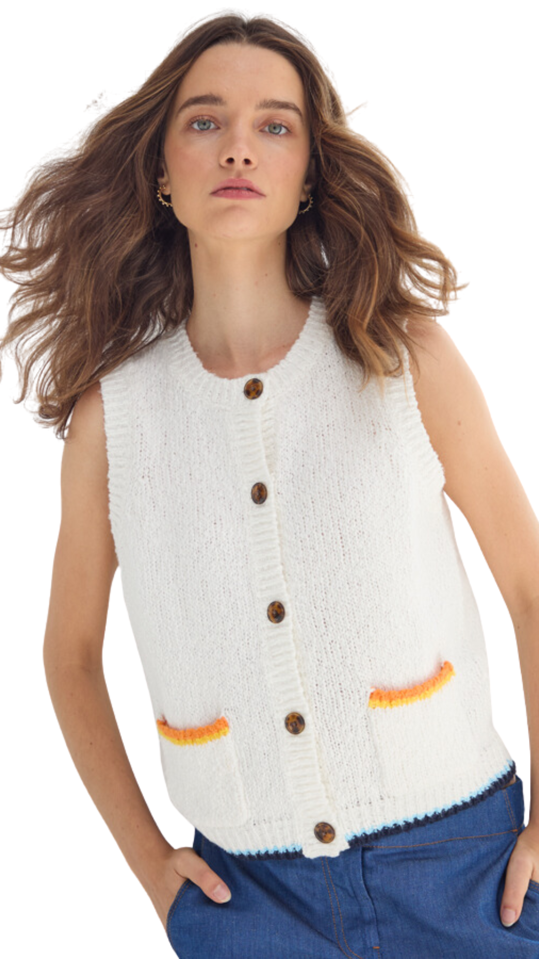 Button Front Vest w/ Contrast Details