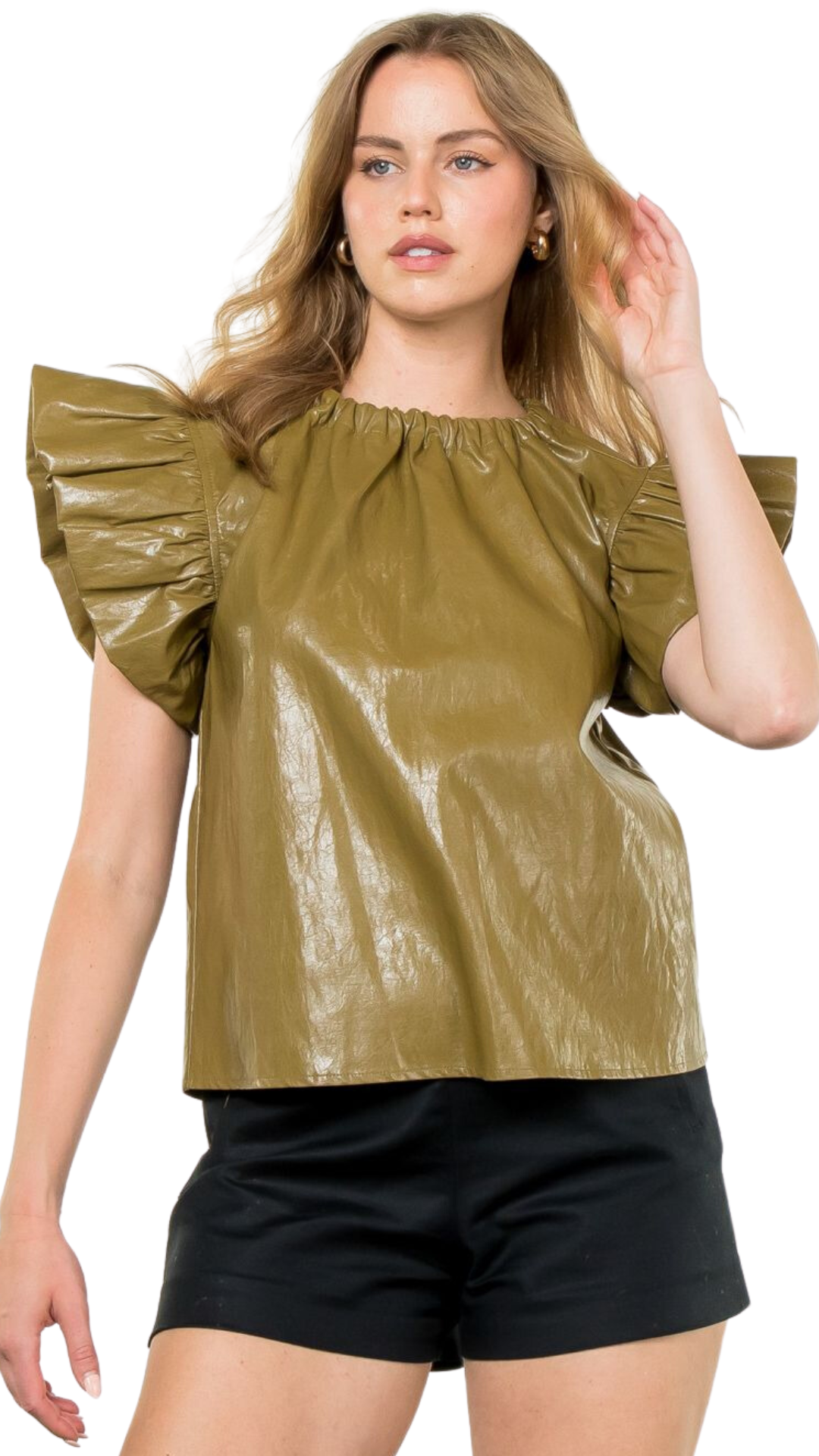 Olive Ruffle Sleeve Leather Top