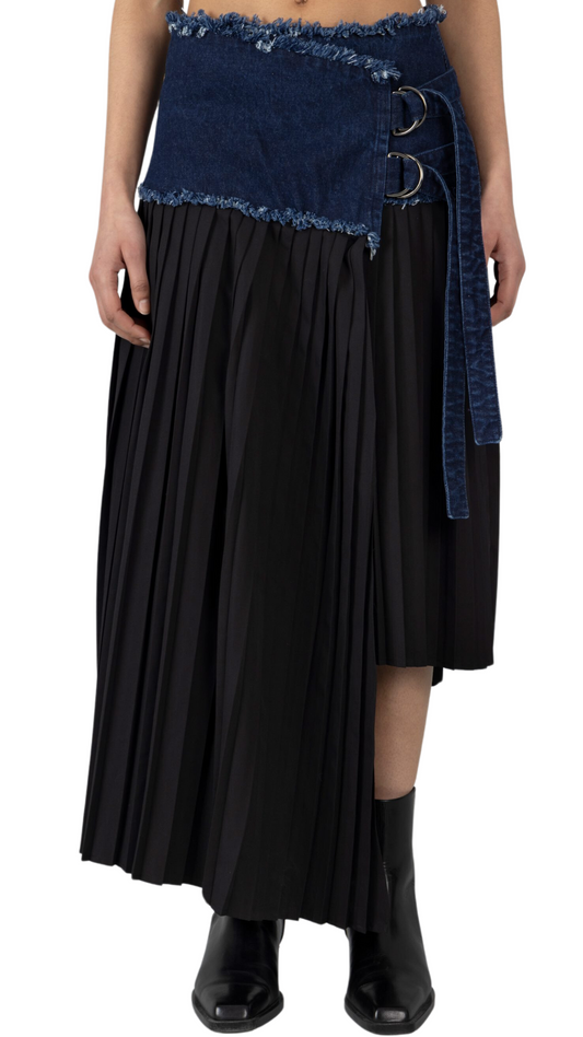 Asymmetric Wool Denim Midi Skirt