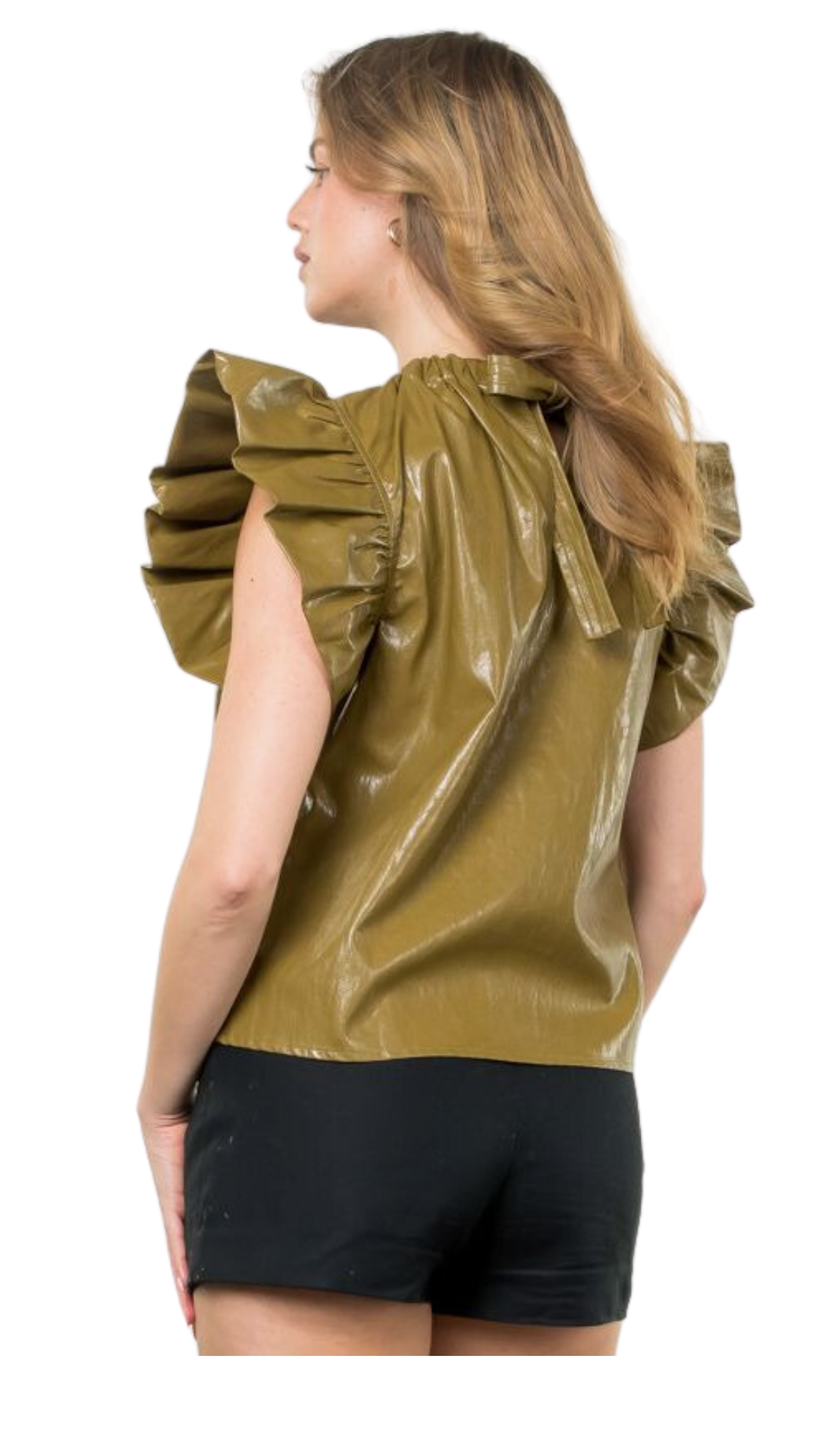 Olive Ruffle Sleeve Leather Top