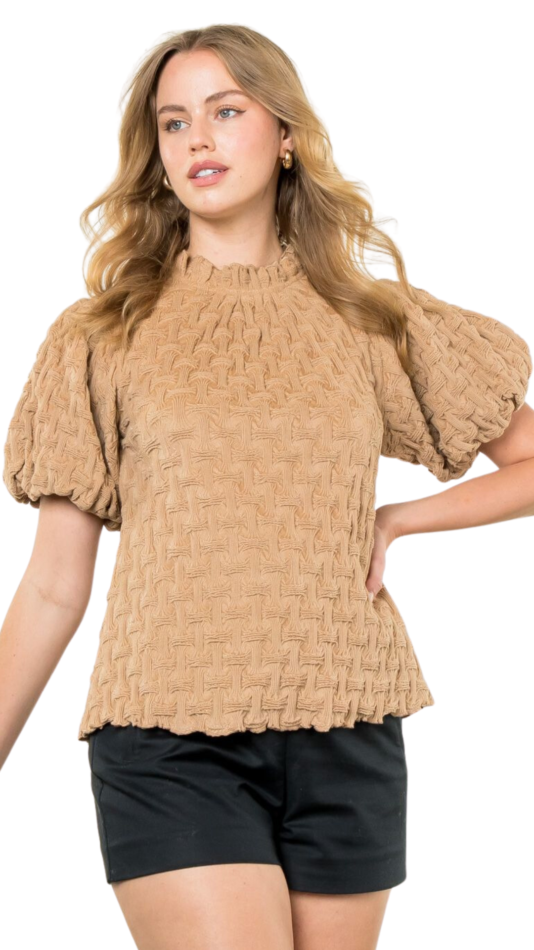 Beige Textured Puff Sleeve Top