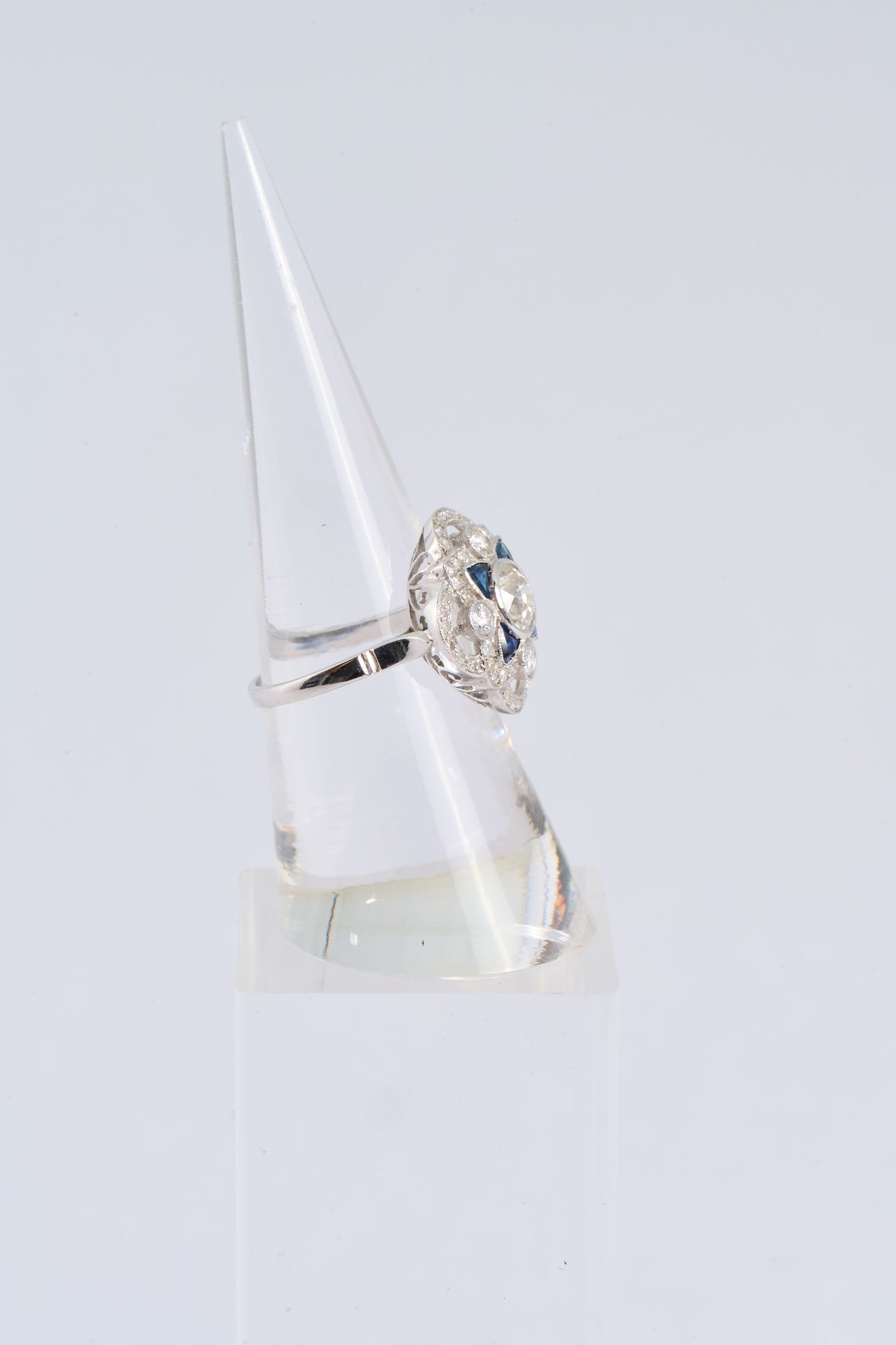 47 European Cut Diamond Sapphire Ring