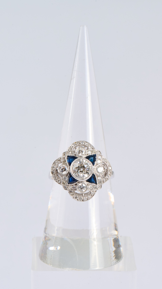 47 European Cut Diamond Sapphire Ring