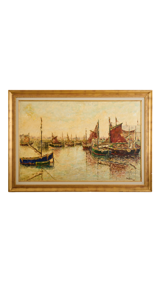 Signed Ships in Harbor Painting