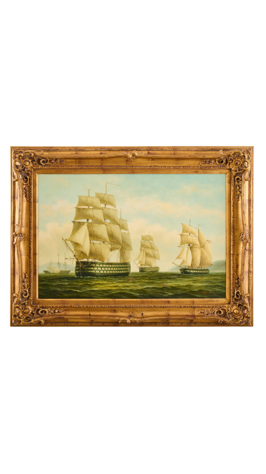 Large Framed Three Ships Sailing Painting