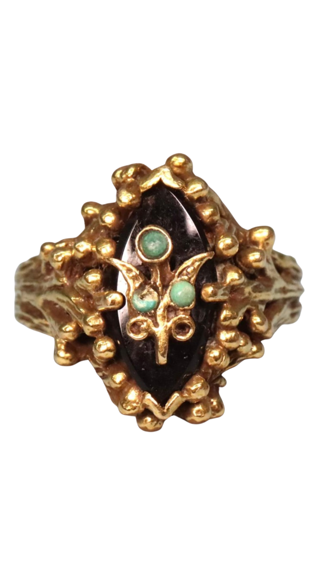 Gold Coral Ring w Onyx & Turq