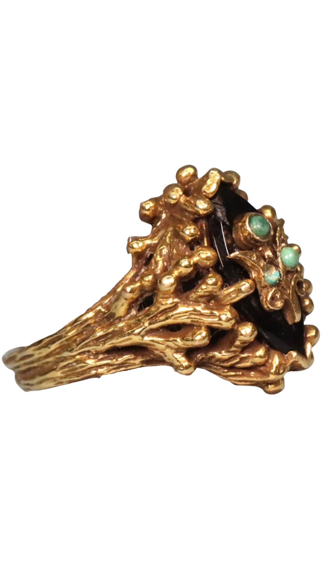 Gold Coral Ring w Onyx & Turq