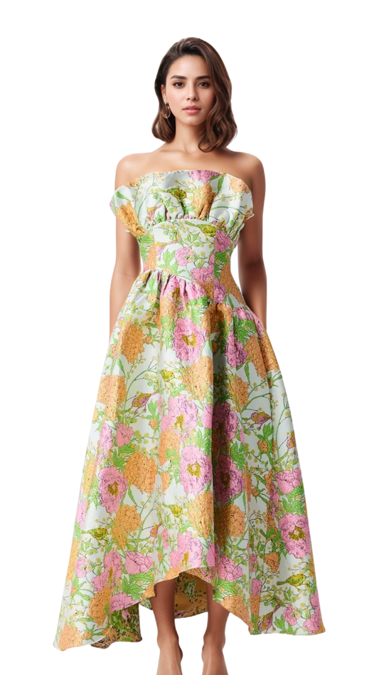 Colorful Jacquard Embossed Strapless Maxi Dress