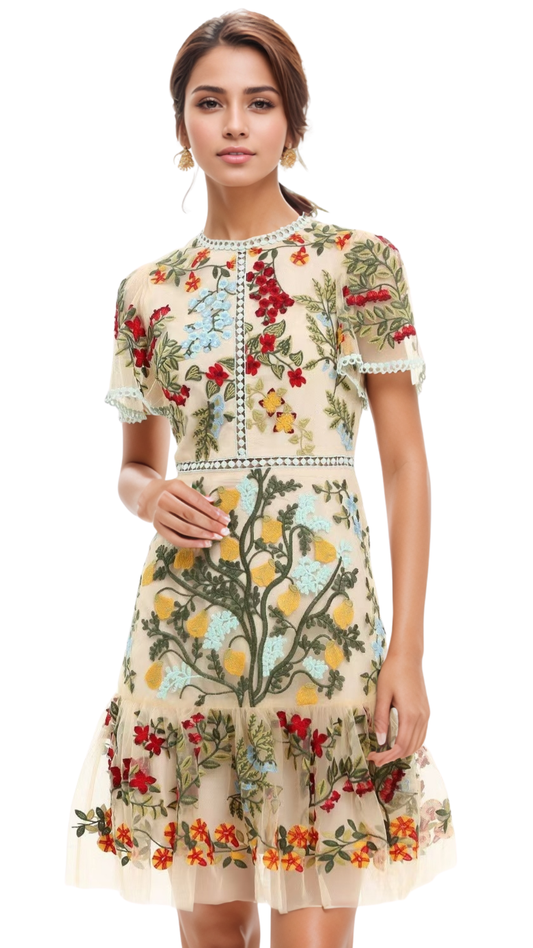 Fishtail Dress with Embroidered Water-Soluble Florals