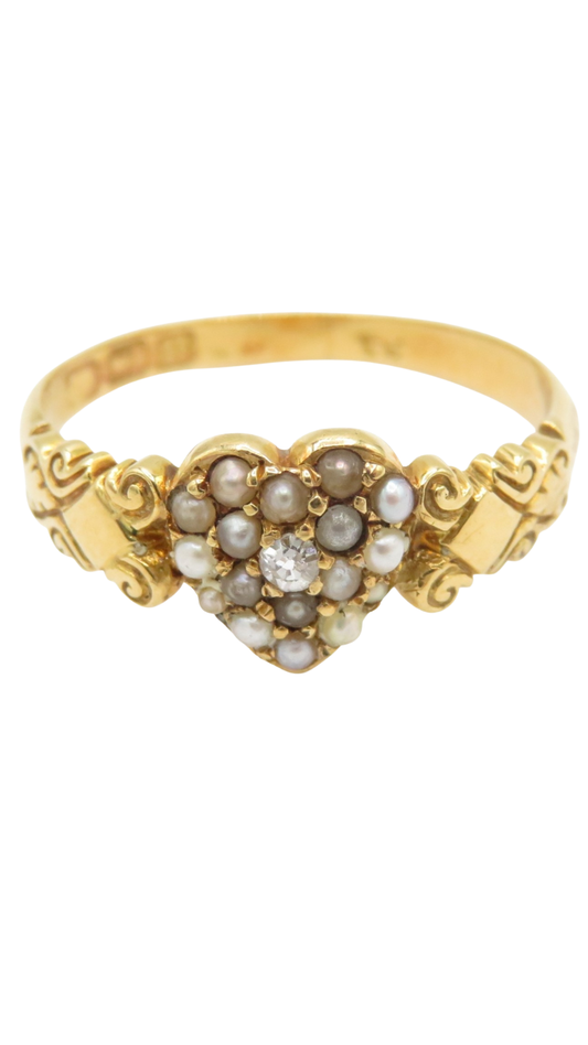 159 Victorian Diamond Pearl Heart Ring