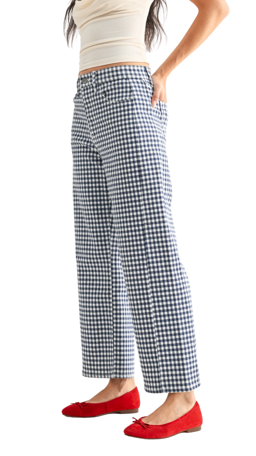 Navy Gingham Barrel Jean