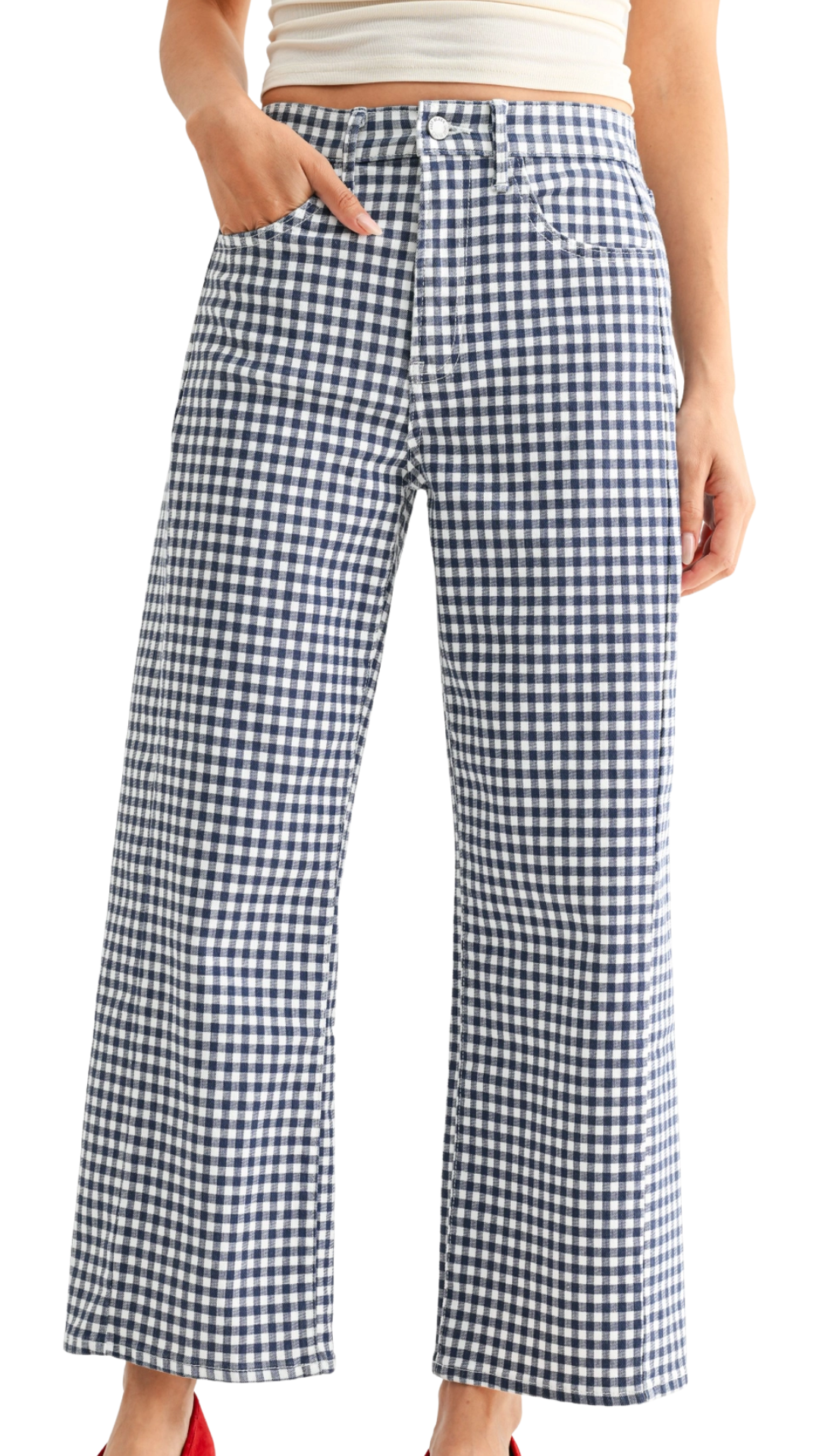 Navy Gingham Barrel Jean