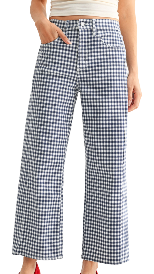 Navy Gingham Barrel Jean