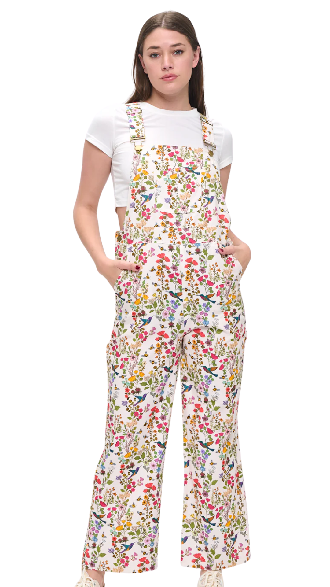 Floral Hummingbird Print Overalls