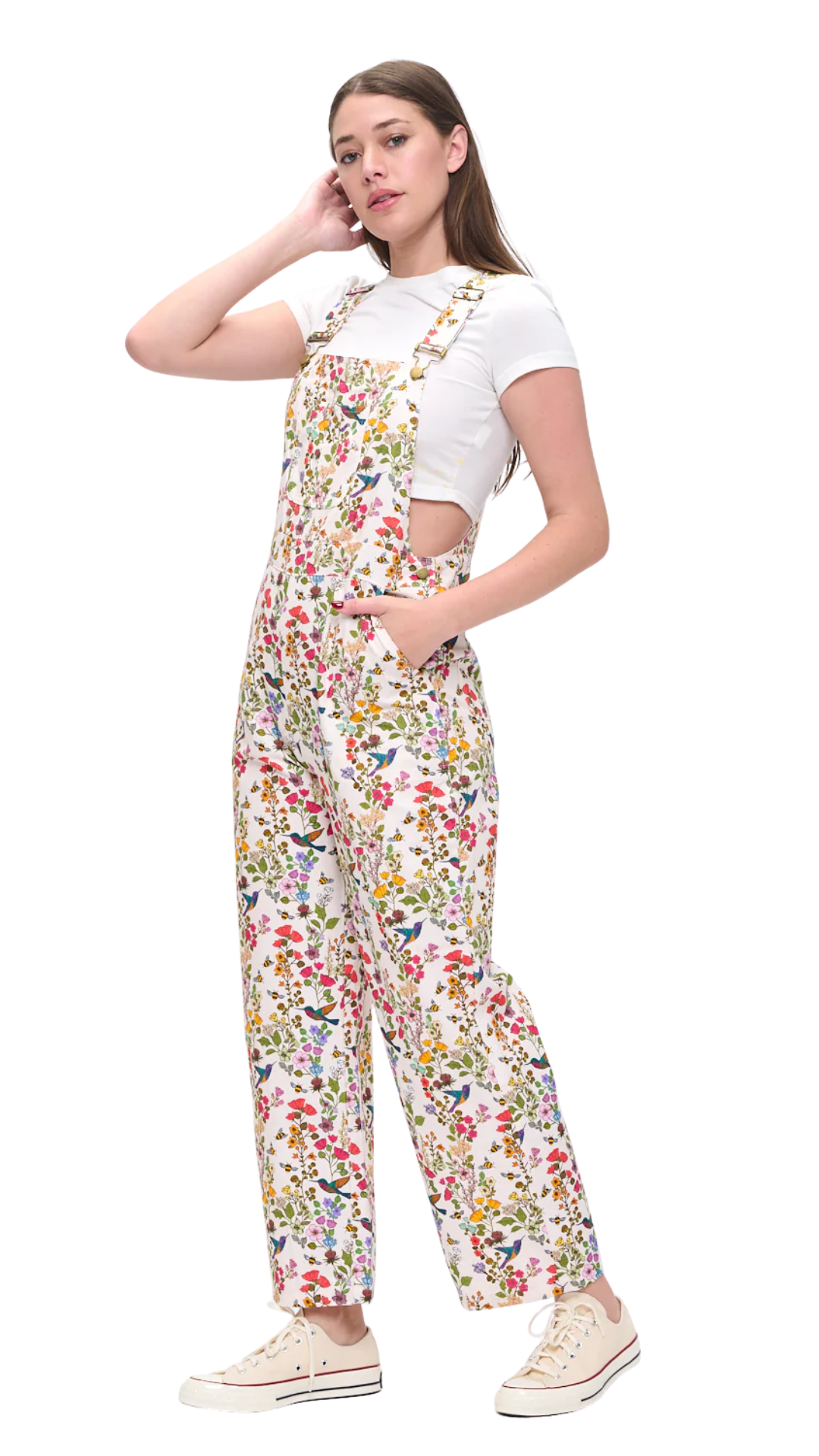 Floral Hummingbird Print Overalls