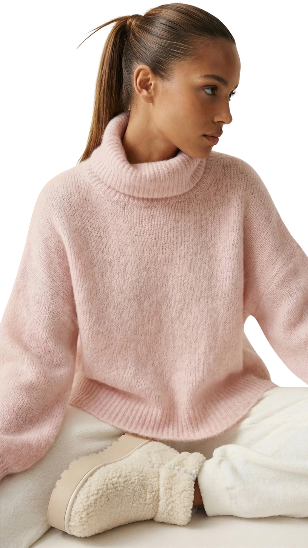 Light Pink Andrea Rollneck Cropped Alpaca Pullover