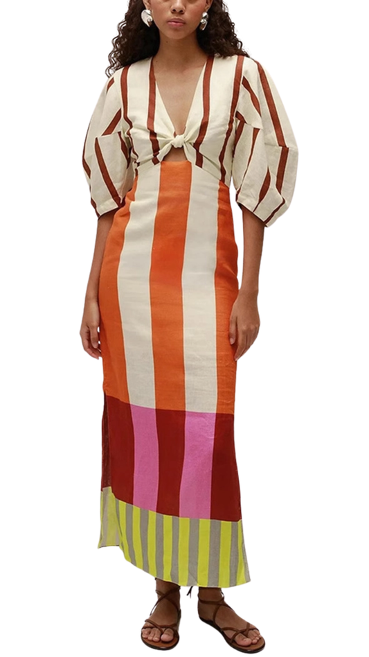 Striped Dress with Voluminous Sleeves