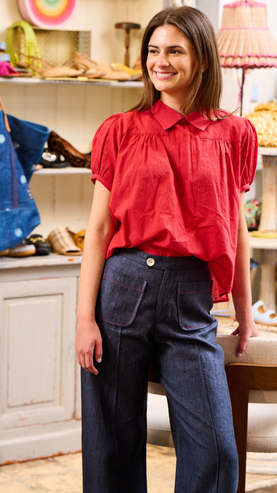 Denim Linen with Red Thread Emma Pants