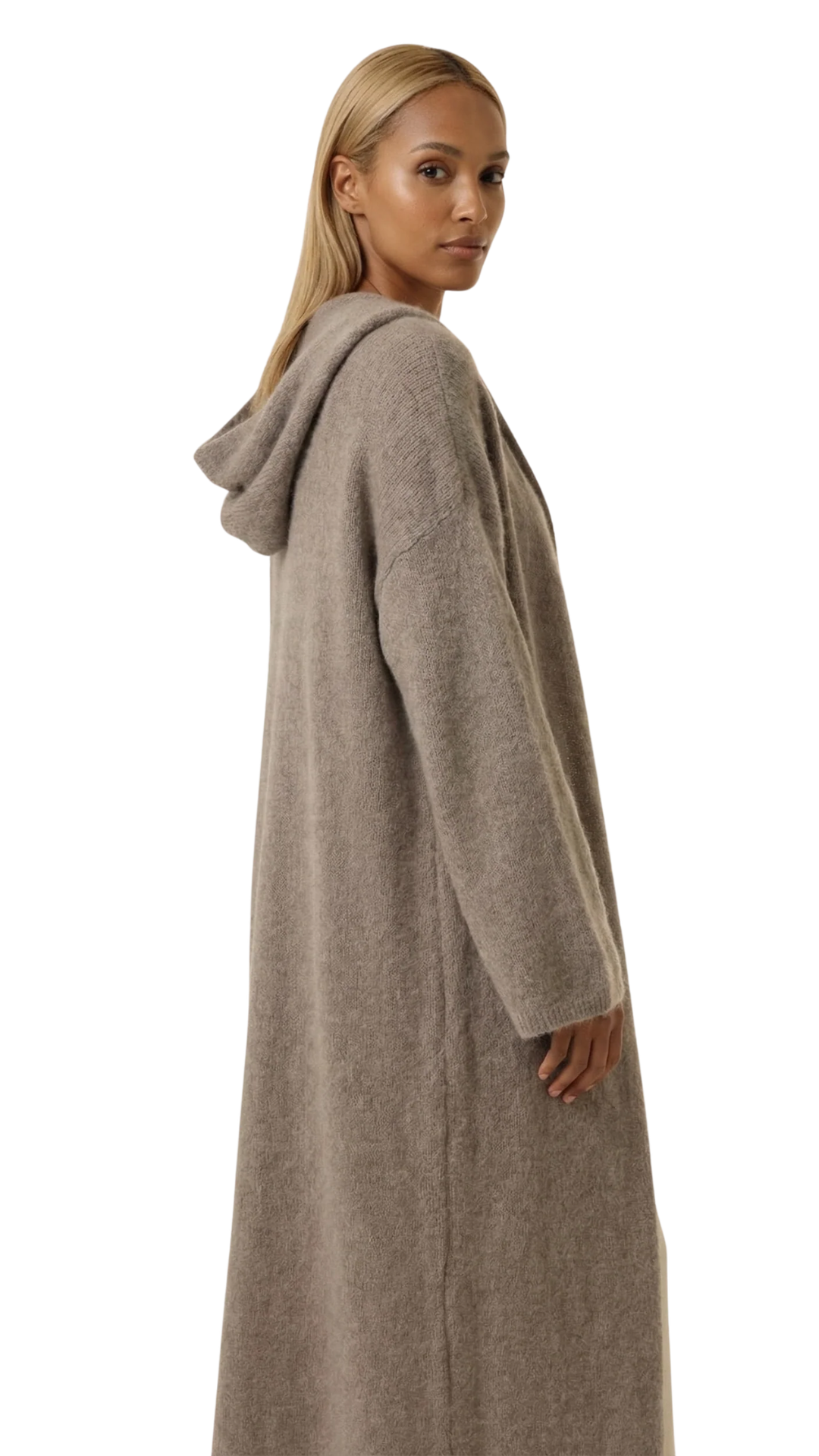 Light Taupe June Long Alpaca Cardigan w/ Hood