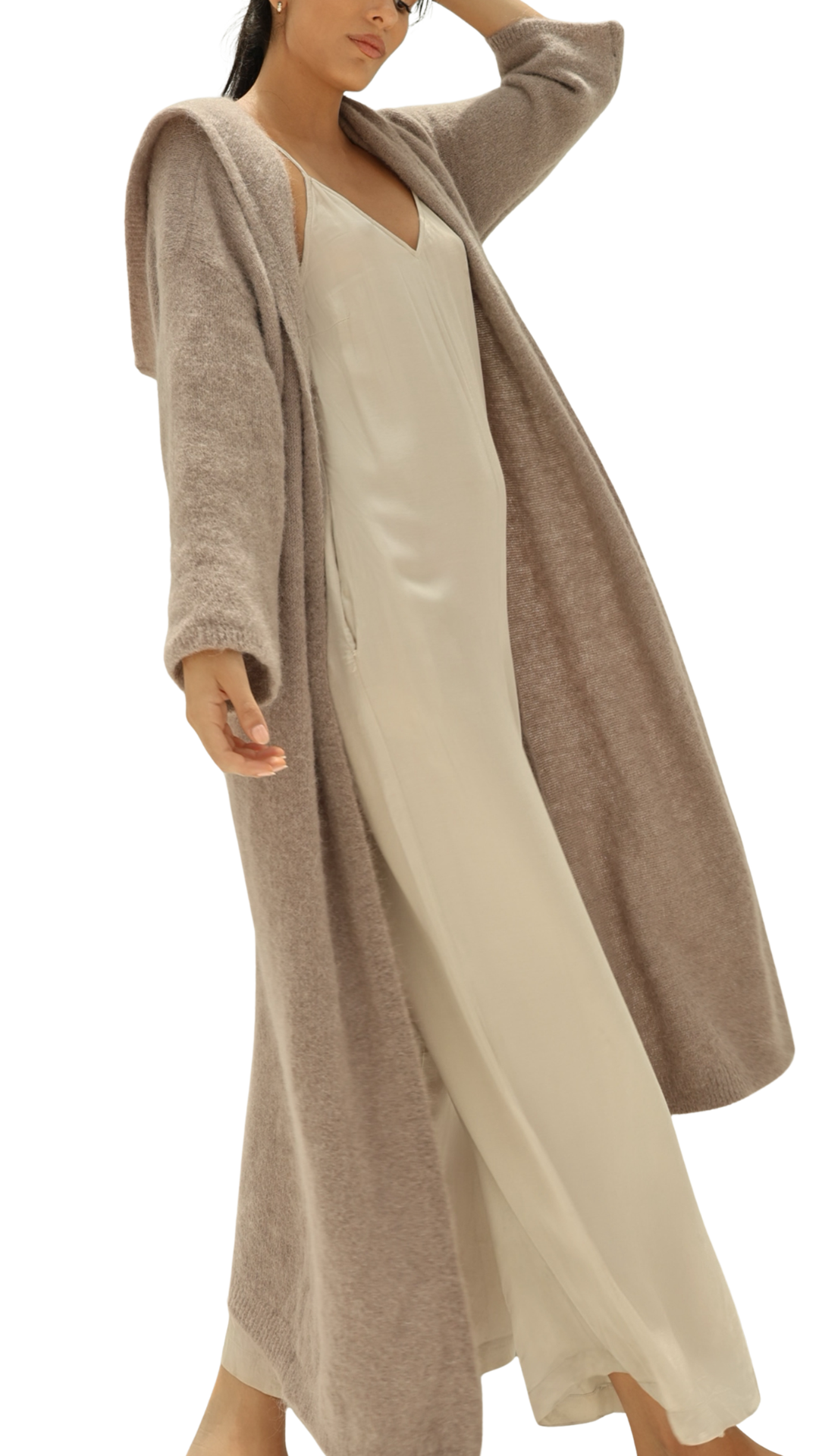 Light Taupe June Long Alpaca Cardigan w/ Hood