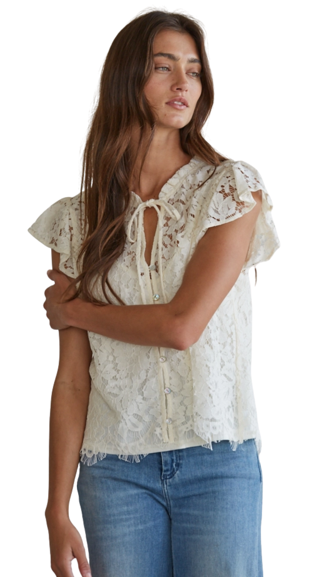 Lace Flutter Sleeve Button Down Top