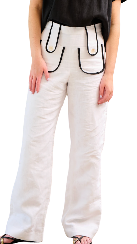 White Linen w/ Black Trim Tezza Tab Pants