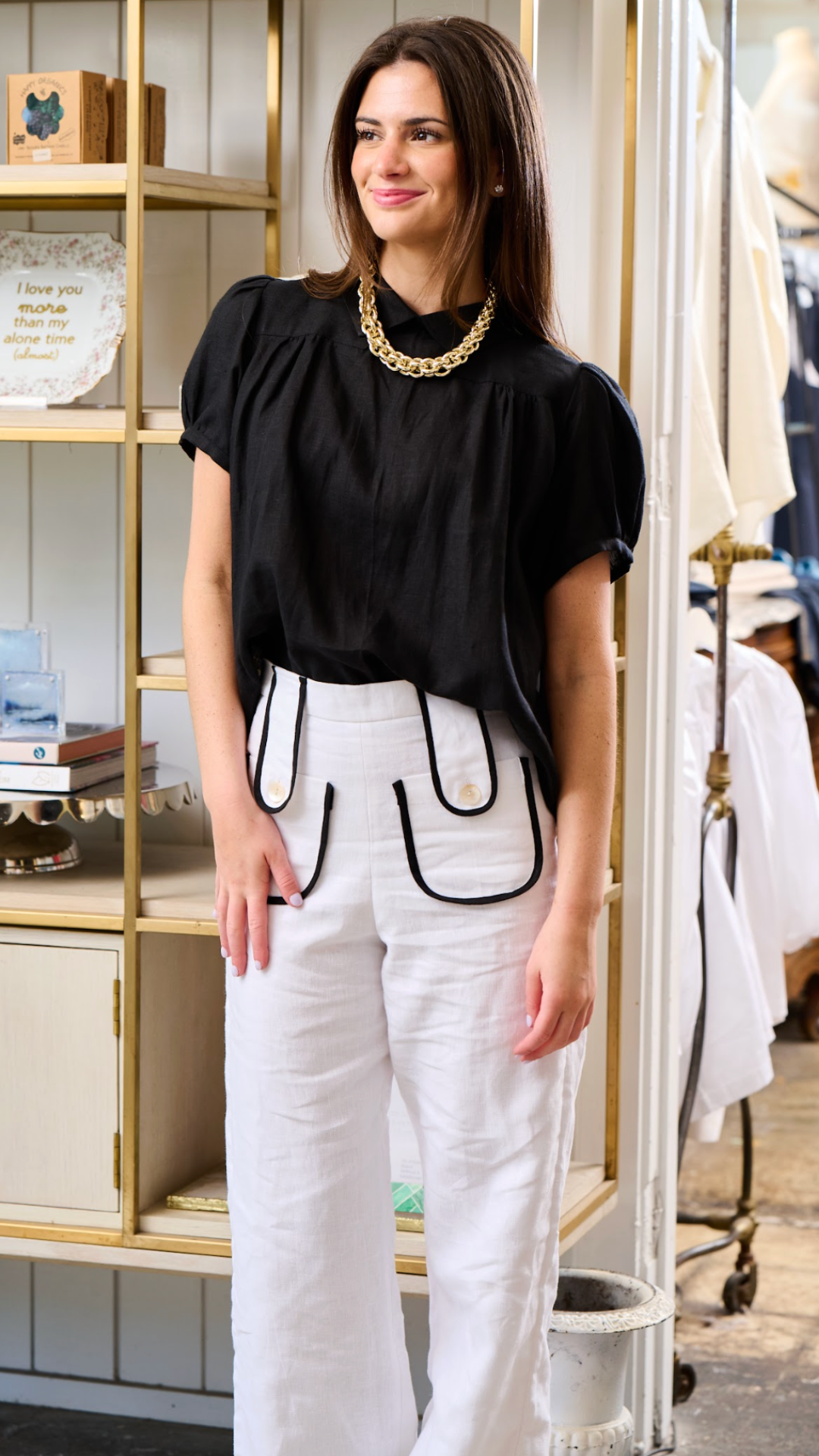 White Linen w/ Black Trim Tezza Tab Pants