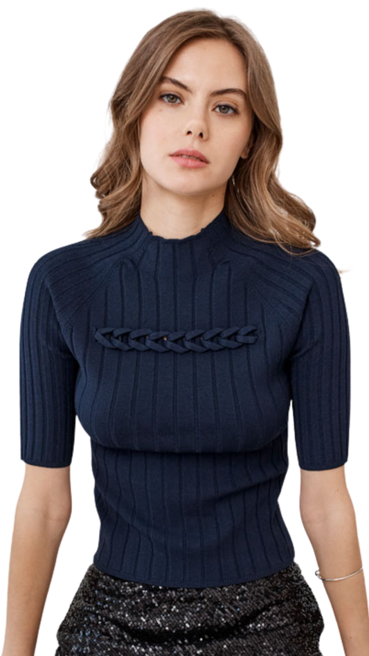 Rib Funnel Neck Sweater with Braid