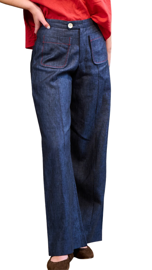 Denim Linen with Red Thread Emma Pants