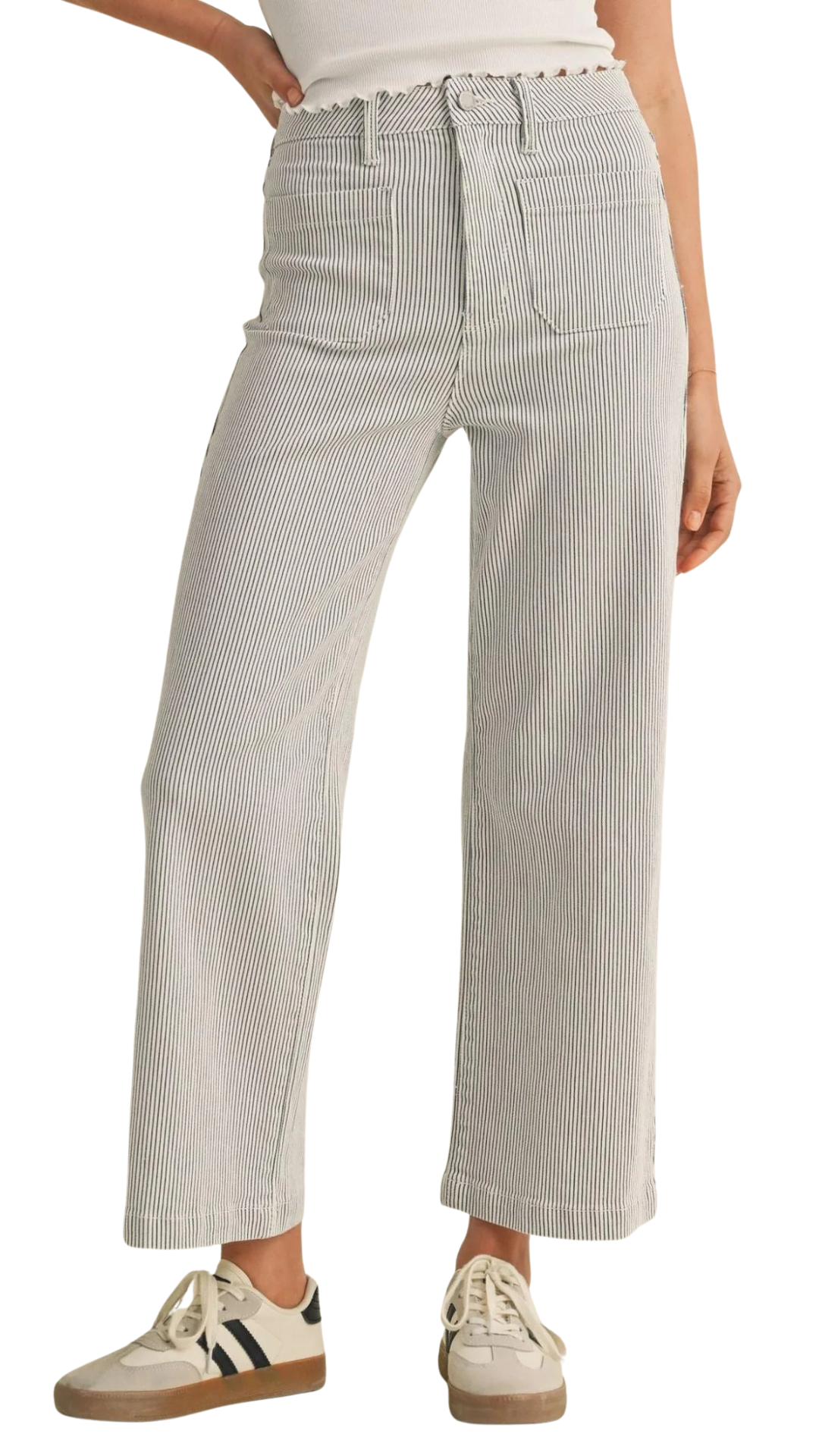 Blue & White Stripe Sailor Patch Pocket Wide Leg Jean