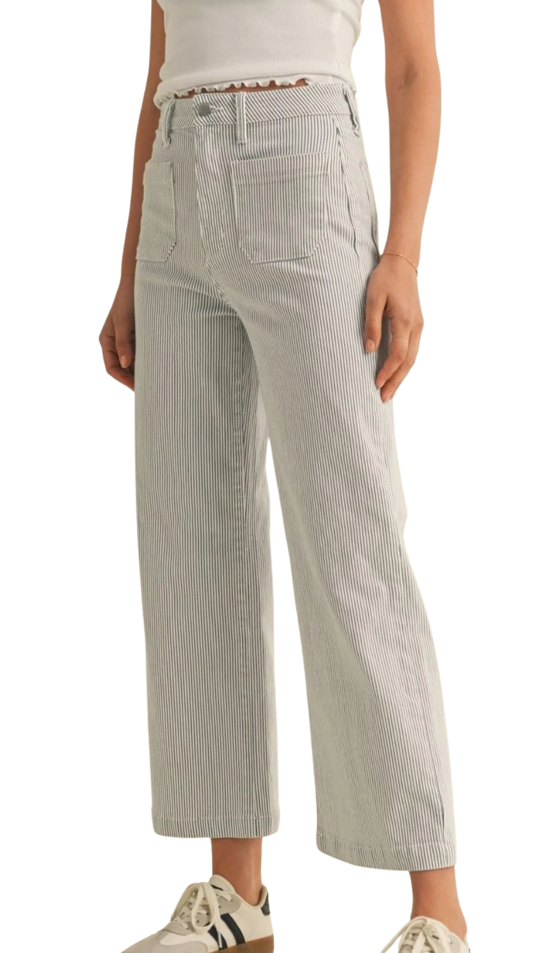 Blue & White Stripe Sailor Patch Pocket Wide Leg Jean