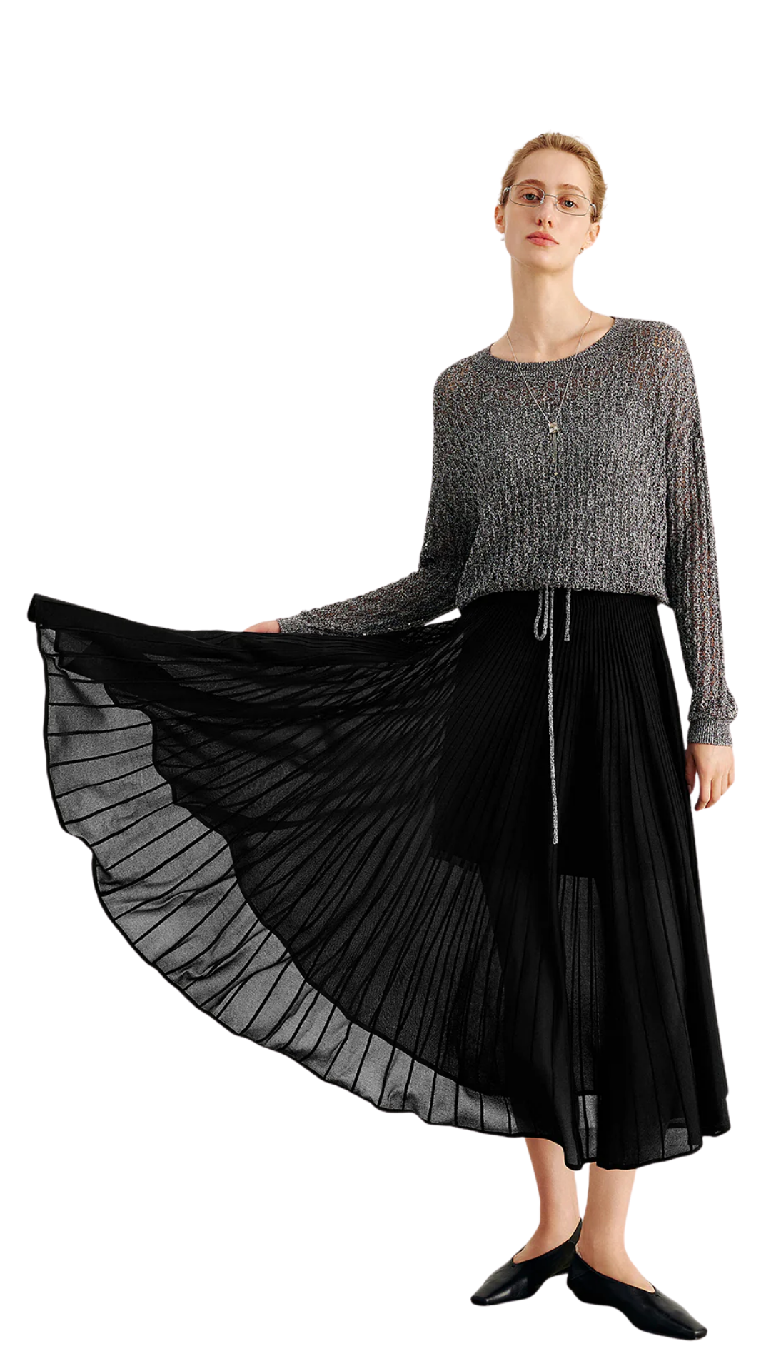 Sheer Pleated Midi Skirt