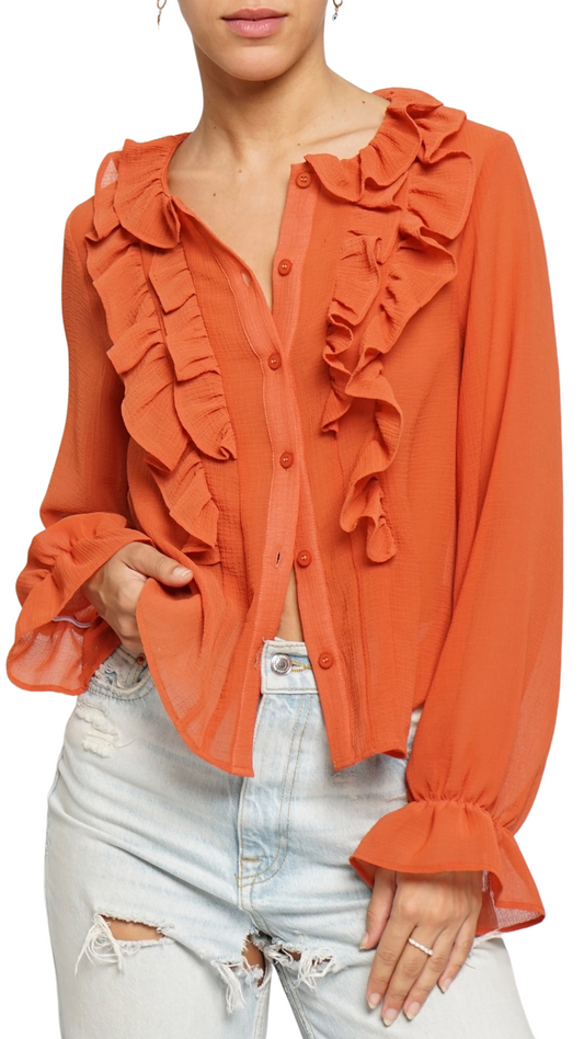 Rust Ruffle Button Down Blouse