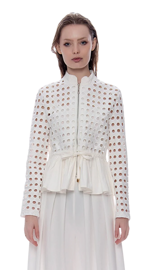 White Punched Hole Peplum Jacket