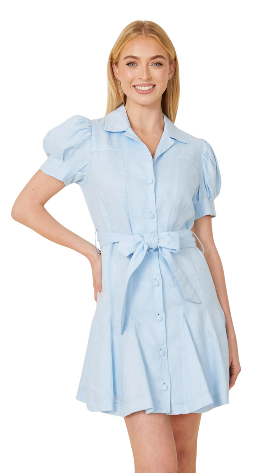 Light Blue Linen Belted Dress